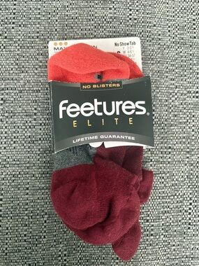 NWT Feetures Max cushion Elite No-Show tab Socks in maroon /  Gray / Orange